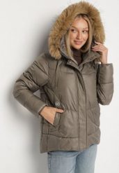 Ciemnozielona Pikowana Kurtka o Trapezowym Kroju z Kapturem z Futrem Lanarela. Zielone kurtki damskie Born2be, l, bez wzorów, z jeansu, z kapturem. Za 269.99 zł.