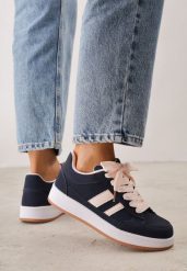 Granatowe Sneakersy Basic z Paskami na Boku Adila. Niebieskie obuwie sportowe damskie Renee, bez wzorów, z jeansu. Za 99.99 zł.
