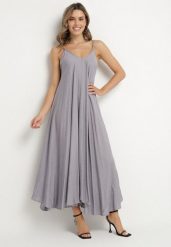 Niebieska Rozkloszowana Sukienka z Wiskozy z Cyrkoniami Ellitana. Szare sukienki damskie Born2be, na co dzień, na lato, l, bez wzorów, z wiskozy, eleganckie, bez kołnierzyka, bez ramiączek, maxi, rozkloszowane. Za 69.99 zł.