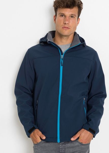 Kurtka softshell z kapturem. Niebieskie kurtki męskie bonprix, m, bez wzorów, z softshellu, z kapturem. Za 229.99 zł.