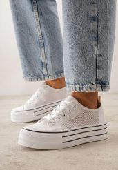 Białe Trampki na Grubej Podeszwie z Ażurową Cholewką Nalivera. Białe trampki i tenisówki damskie Born2be, w ażurowe wzory, z jeansu, rockowe, bez zapięcia. Za 74.99 zł.