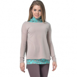 Zestaw w kolorze turkusowo-beżowym - top, sweter. Brązowe swetry damskie Lila Kass, z dekoltem w łódkę. W wyprzedaży za 249.95 zł.