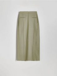 Spódnica midi z lnem - zielony. Zielone spódnice damskie Reserved, l, bez wzorów, z tkaniny, midi, proste. W wyprzedaży za 69.99 zł.