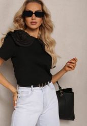 Czarny T-shirt z Bawełny Wykończony Ozdobnymi Elementami Kililena. Czarne bluzki damskie Renee, s, z aplikacjami, z bawełny, biznesowe, bez kołnierzyka. Za 39.99 zł.