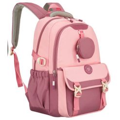 Pojemny plecak szkolny z poliestru w różowym kolorze zawieszony na regulowanych szelkach - Peterson. Czerwone torby i plecaki dziecięce Peterson. Za 129.00 zł.