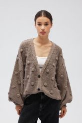 Kardigan zapinany na guziki w kolorze LIGHT BROWN - BUBLE-UNI. Brązowe kardigany damskie Marsala, uniwersalny, bez wzorów, z jeansu, biznesowe. Za 349.90 zł.