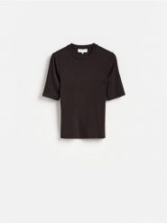 Dzianinowy t-shirt z lyocellem - ciemnobrązowy. Brązowe t-shirty damskie Reserved, l, bez wzorów, z dzianiny, bez kołnierzyka. Za 119.99 zł.