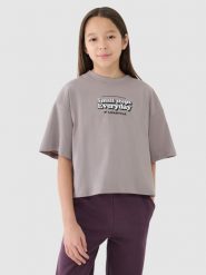 4F Crop top oversize z nadrukiem dziewczęcy - beżowy 134 (8-9 lat). Brązowe t-shirty i topy dla dziewczynek 4f, bez wzorów, z bawełny, bez ramiączek. W wyprzedaży za 19.99 zł.