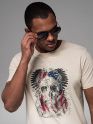 Bawełniany t-shirt męski z nadrukiem w stylu rockowym kremowy V1 OM-TSPT-0199 XL. Białe t-shirty męskie Ombre, m, bez wzorów, z bawełny, bez kołnierzyka. Za 151.28 zł.