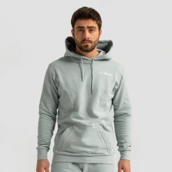 Bluza męska fitness z kapturem eukaliptowa Limitless. Zielone bluzy sportowe męskie GYMBEAM, m, bez wzorów, z bawełny, z kapturem, na fitness i siłownię. Za 113.90 zł.