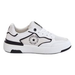 Damskie Sportowe Buty Big Star LL274440 Biało-Czarne białe. Białe obuwie sportowe damskie bez wzorów, z gumy, trekkingowe. Za 244.76 zł.