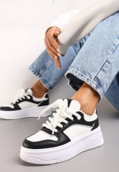 Biało-Czarne Sneakersy z Cholewką z Licznymi Wstawkami na Grubej Podeszwie Lenarise. Białe obuwie sportowe damskie Renee, bez wzorów, z dresówki. Za 89.99 zł.