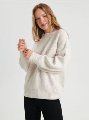 Sweter w prążki - kremowy. Białe swetry damskie Sinsay, l, bez wzorów, z dzianiny, bez kołnierzyka, bez ramiączek, bez kaptura. Za 69.99 zł.