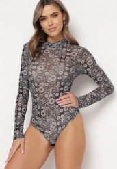 Czarne Siateczkowe Body z Mozaikowym Kwiatowym Wzorem Binavia. Czarne bluzki damskie Born2be, l, bez wzorów, z jeansu, bez kołnierzyka, bez ramiączek. Za 49.99 zł.