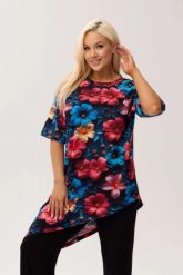 Wiskozowa tunika asymetryczna Capri Hibiscus w print w hibiskusy OVERSIZE PLUS SIZE XXL WIOSNA LATO. Białe bluzki damskie Moda Size Plus Iwanek, l, bez wzorów, z dzianiny, eleganckie, z asymetrycznym kołnierzem, plus size, bez ramiączek. Za 229.90 zł.