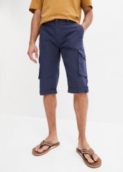Długie bermudy bojówki Regular Fit z lnem. Niebieskie spodnie materiałowe męskie bonprix, m, bez wzorów. Za 144.99 zł.