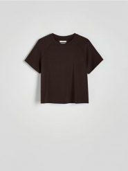 T-shirt regular z dodatkiem modalu - ciemnobrązowy. Brązowe t-shirty damskie Reserved, l, bez wzorów, z dzianiny, bez kołnierzyka. W wyprzedaży za 45.99 zł.