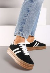 Czarne Sneakersy na Platformie z Minimalistycznymi Przeszyciami Teritha. Czarne obuwie sportowe damskie Born2be, bez wzorów, z jeansu, na fitness i siłownię. Za 99.99 zł.