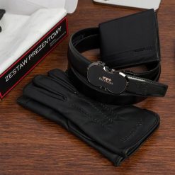 Zestaw prezentowy męski skórzany pasek portfel pudełko premium Beltimore Z48. Czarne paski damskie bez wzorów. Za 139.99 zł.
