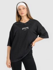 4F T-shirt oversize z nadrukiem damski - czarny S. Czarne koszulki sportowe damskie 4f, s, bez wzorów, z dzianiny, bez kołnierzyka, bez ramiączek. Za 79.99 zł.
