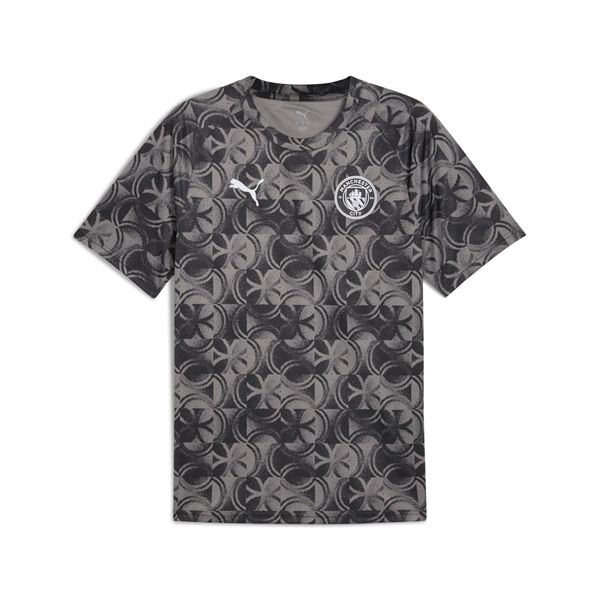 Koszulka rozgrzewkowa Manchester City 2025/26. Czarne koszulki sportowe męskie Puma, bez wzorów, bez kołnierzyka, bez ramiączek, do piłki nożnej. W wyprzedaży za 205.80 zł.