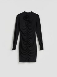 Sukienka z marszczeniami - czarny. Czarne sukienki damskie Reserved, l, bez wzorów, z dzianiny, bez kołnierzyka, bez ramiączek, mini, dopasowane. Za 139.99 zł.