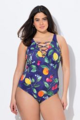Damski Kostium kąpielowy owoce miękkie miseczki sznurowanie. Niebieskie kostiumy jednoczęściowe damskie Ulla Popken, plus size, bez wzorów, z elastanu, plus size, do pływania. Za 239.99 zł.