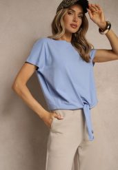 Niebieski Bawełniany T-shirt Wiązany u Dołu Sunalina. Niebieskie bluzki damskie Renee, l, bez wzorów, z bawełny, bez kołnierzyka. Za 29.99 zł.