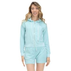 Damska bluza frotte Silence Work. Niebieskie bluzy sportowe damskie LEONE 1947 APPAREL, l, bez wzorów, z tkaniny, bez kaptura, na fitness i siłownię. W wyprzedaży za 139.75 zł.