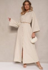 Beżowa Pudełkowa Sukienka z Lnem o Koszulowym Kroju Mirloti. Żółte sukienki damskie Renee, na co dzień, l, bez wzorów, z bawełny, eleganckie, bez kołnierzyka, bez ramiączek, maxi, koszulowe. Za 149.99 zł.