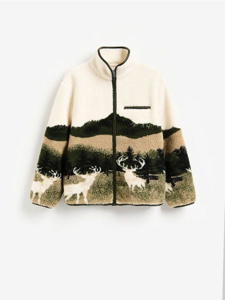 Bluza sherpa ze stójką - ciemnozielony. Zielone bluzy męskie Reserved, l, bez wzorów, z dzianiny, bez kaptura. Za 199.99 zł.