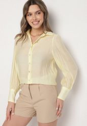 Żółta Klasyczna Koszula z Wiskozą Linarina. Żółte bluzki damskie Born2be, m, bez wzorów, z jeansu, eleganckie, bez kołnierzyka, bez ramiączek. Za 69.99 zł.