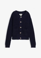 Gruby sweter z ozdobnymi guzikami. Niebieskie swetry damskie bonprix, bez wzorów, bez kołnierzyka, bez ramiączek, bez kaptura. Za 144.99 zł.