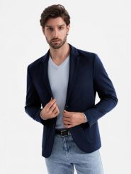 Marynarka męska z naszywanymi kieszeniami - granatowa V1 - Rozmiar: S. Niebieskie marynarki męskie Ombre Clothing, bez wzorów, z materiału, eleganckie. W wyprzedaży za 229.99 zł.