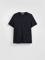T-shirt regular z bawełny merceryzowanej - czarny. Czarne t-shirty męskie Reserved, l, bez wzorów, z bawełny, bez kołnierzyka. Za 99.99 zł.