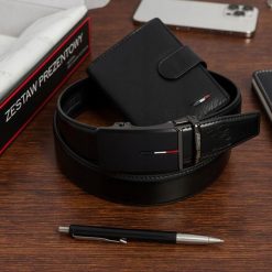 Zestaw prezentowy męski skórzany pasek portfel pudełko premium Beltimore Z50. Czarne paski damskie bez wzorów. Za 100.99 zł.