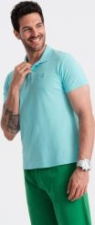 Ombre Męska koszulka polo jednokolorowa BASIC z dzianiny pique - miętowa V18 OM-POBS-0100 S. Zielone koszulki polo męskie Ombre, m, bez wzorów, z dzianiny, bez ramiączek. Za 79.99 zł.