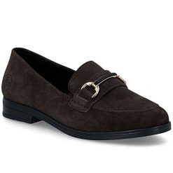 Skórzane loafersy damskie zamszowe brązowe Rieker 46262-25. Brązowe półbuty damskie Rieker, bez wzorów, ze skóry, bez obcasa, bez zapięcia. Za 389.00 zł.