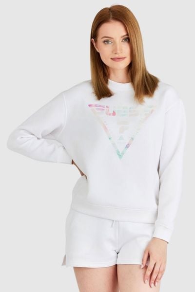 GUESS Biała bluza damska z odblaskowym logo, Rozmiar XS. Białe bluzy damskie Guess, s, z aplikacjami, prążkowane, bez kaptura. W wyprzedaży za 199.99 zł.