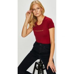 Emporio Armani - Top. Szare topy damskie Emporio Armani, z nadrukiem, z bawełny, z okrągłym kołnierzem, z krótkim rękawem. W wyprzedaży za 179.90 zł.