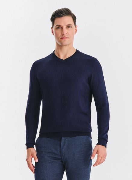 PAKO LORENTE - ranatowy sweter męski v-neck. Niebieskie swetry przez głowę męskie Pako Lorente, na jesień, m, bez wzorów, z nylonu, bez kołnierzyka. Za 99.99 zł.