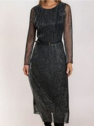 Elegancka sukienka szmizjerka z paskiem - srebrny. Szare sukienki damskie Sinsay, l, bez wzorów, eleganckie, bez kołnierzyka, bez ramiączek, szmizjerki. Za 59.99 zł.