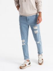 Washowane męskie jeansowe spodnie TAPERED FIT z przetarciami – błękitne V1 OM-PADP-0163 - XXL. Niebieskie spodnie materiałowe męskie Ombre Clothing, l, bez wzorów, z bawełny, rockowe. Za 113.99 zł.
