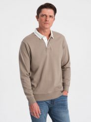 Bluza męska z białym kołnierzykiem polo - ciemnobeżowa V2 OM-SSNZ-0132 - L. Brązowe bluzy męskie Ombre Clothing, l, bez wzorów, z bawełny, bez kaptura. W wyprzedaży za 79.99 zł.