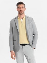 Marynarka męska elegancka z dekoracyjnymi guzikami na mankietach - szara V2 - Rozmiar: L. Szare marynarki męskie Ombre Clothing, bez wzorów, z poliesteru, eleganckie. W wyprzedaży za 149.99 zł.
