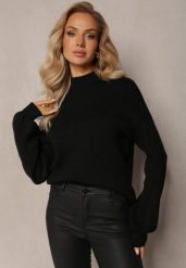 Czarny Gładki Sweter Golf ze Ściągaczami Germifa. Czarne swetry damskie Renee, bez wzorów, z jeansu, eleganckie, bez kołnierzyka, bez ramiączek, bez kaptura. Za 99.99 zł.