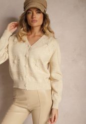 Beżowy Kardigan z Wiskozy Zdobiony Kwiatowymi Aplikacjami z Perełkami Gemirra. Brązowe kardigany damskie Renee, uniwersalny, z aplikacjami, z jeansu, eleganckie, bez kołnierzyka, bez ramiączek, bez kaptura. Za 159.99 zł.