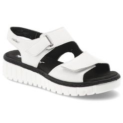 Sandały damskie Rieker, cholewka ze skóry naturalnej z materiałowym wnętrzem zapinane na rzep, białe, V1382-80. Białe klapki damskie Rieker, bez wzorów, z materiału, bez obcasa. Za 329.00 zł.