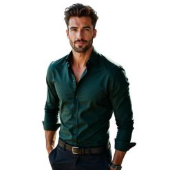 Ciemnozielona gładka koszula A69. Koszule męskie Modini Moda Męska, m, bez wzorów, z bawełny, casualowe, bez kołnierzyka, bez ramiączek. W wyprzedaży za 179.10 zł.