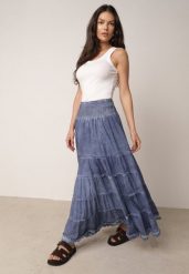 Niebieska Spódnica z Bawełny z Wysokim Stanem Stylizowana na Jeansową Ealread. Niebieskie spódnice damskie Born2be, m, bez wzorów, z bawełny, biznesowe, z podwyższonym stanem, maxi, dopasowane. Za 99.99 zł.